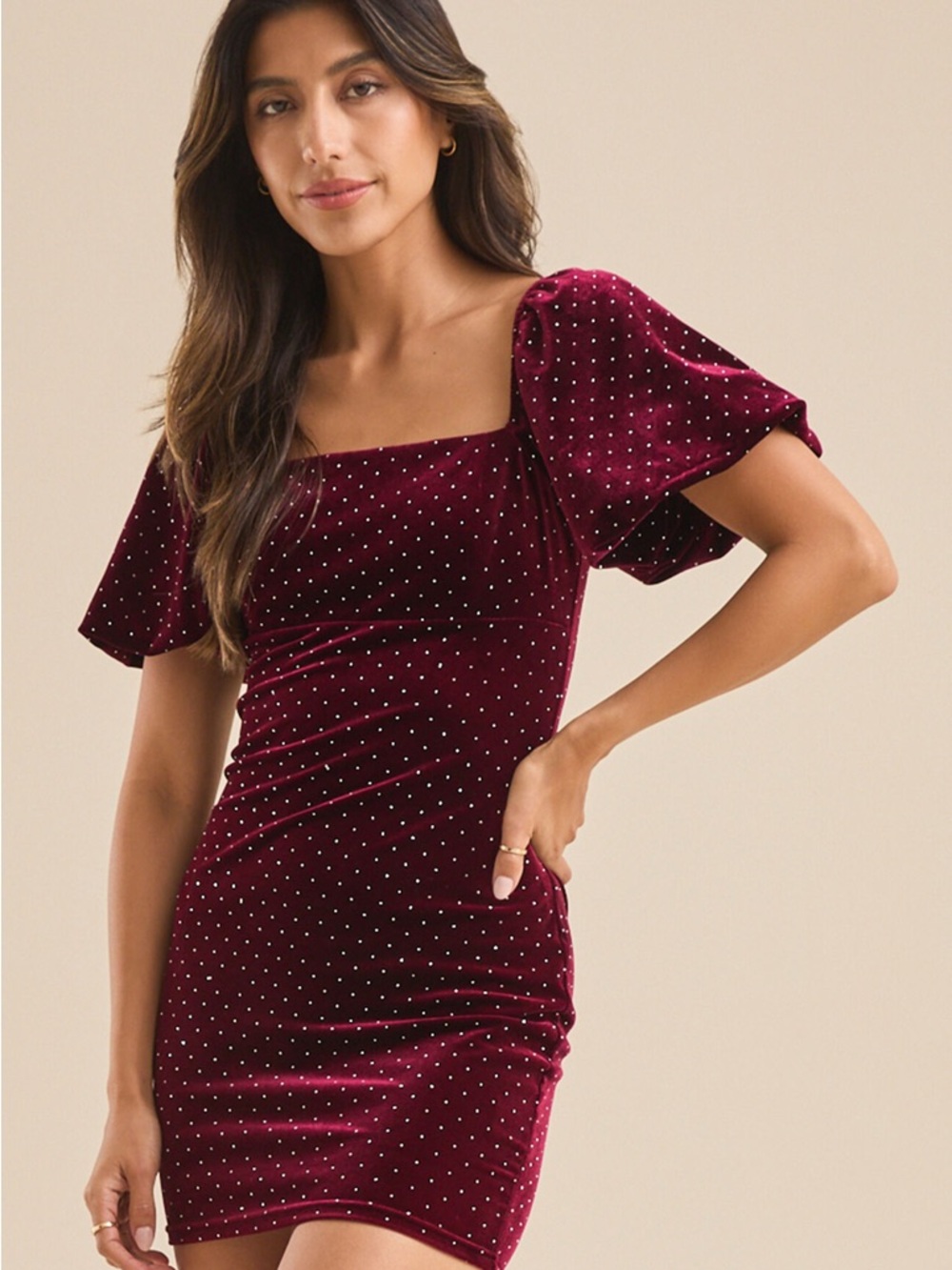 Altar'd State Burgundy Velvet Mini Dress with Puff Sleeves